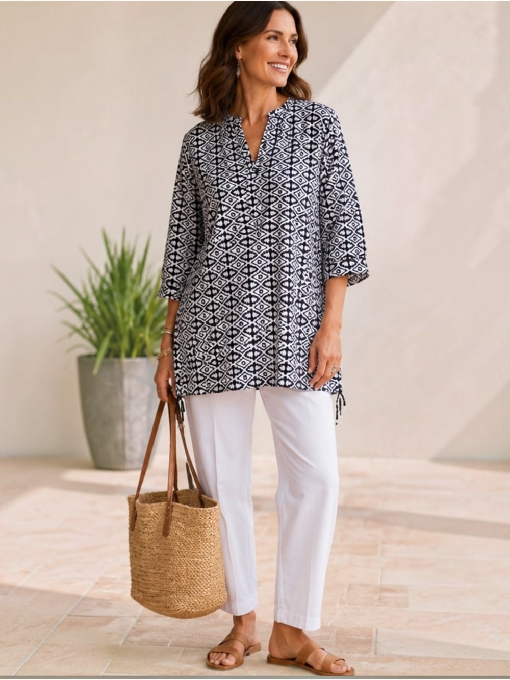 Roberta Roller Rabbit Ikat Cotton Kurta Tunic Swim Cover Up Black White Beaded M